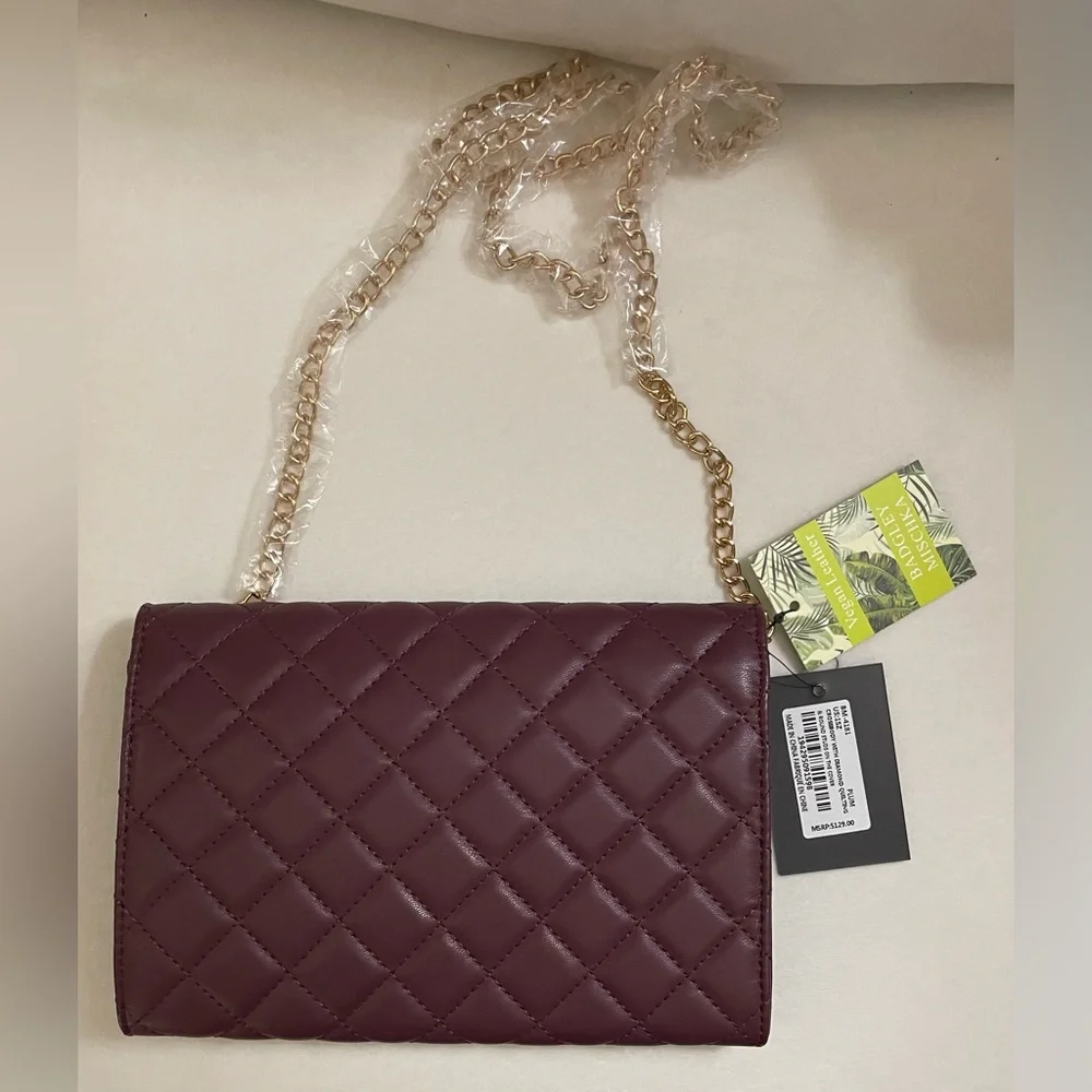 Badgley Mischka NWT Crossbody Diamond Quilting Round Studs on Front Plum Gold